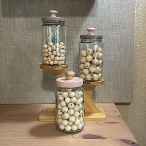 Set of 3 Glass Jars with pink & tan colored lids & wood knobs
